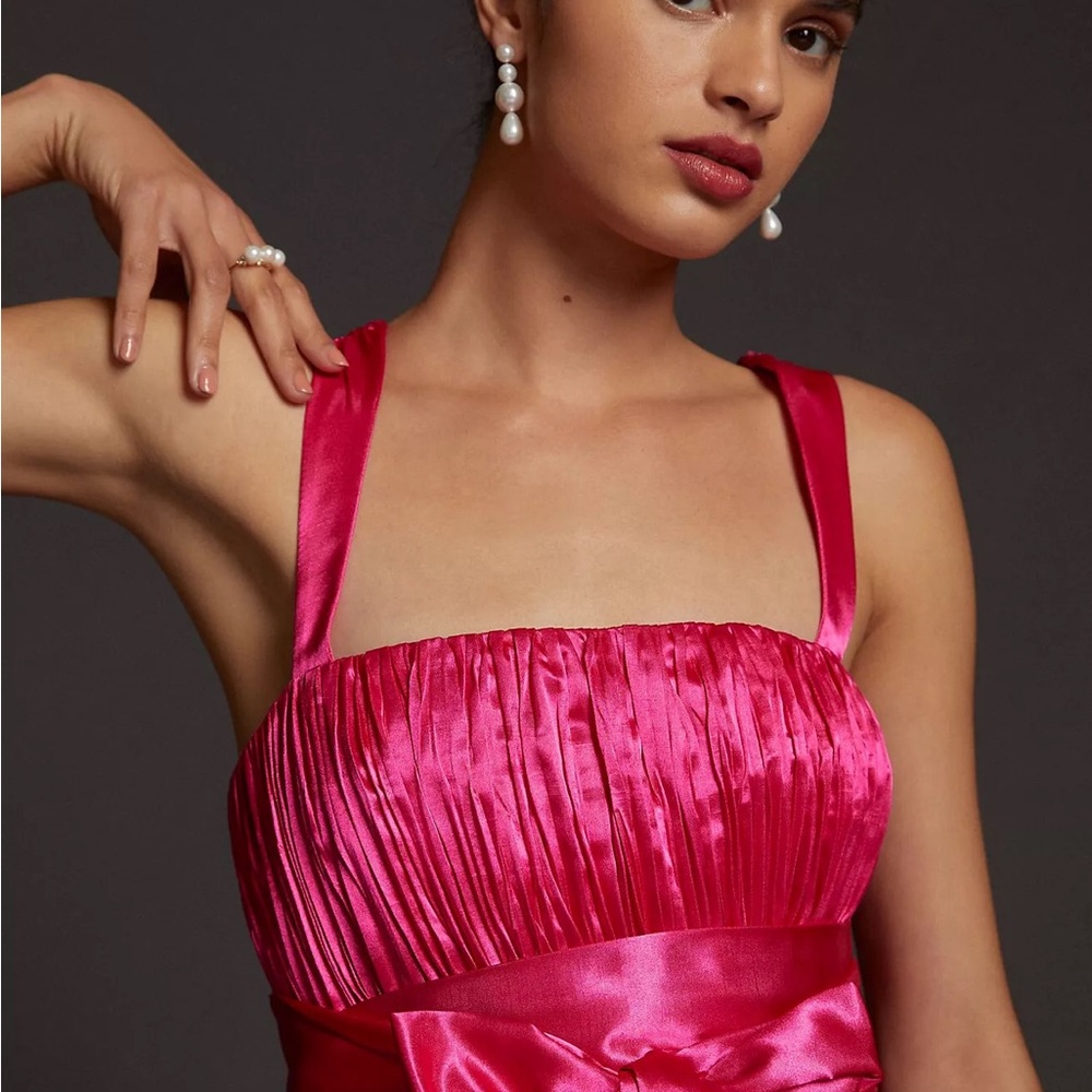 Anthropologie Maeve Fuchsia Bow-Tie Satin Pleated Smocked Back Mini Dress size 4 - Picture 2 of 10